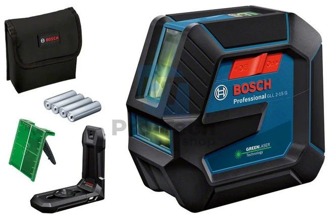 Líniový laser Bosch GLL 2-15 G so 4 batériami (AA), cieľovou tabuľkou pre laser 15218